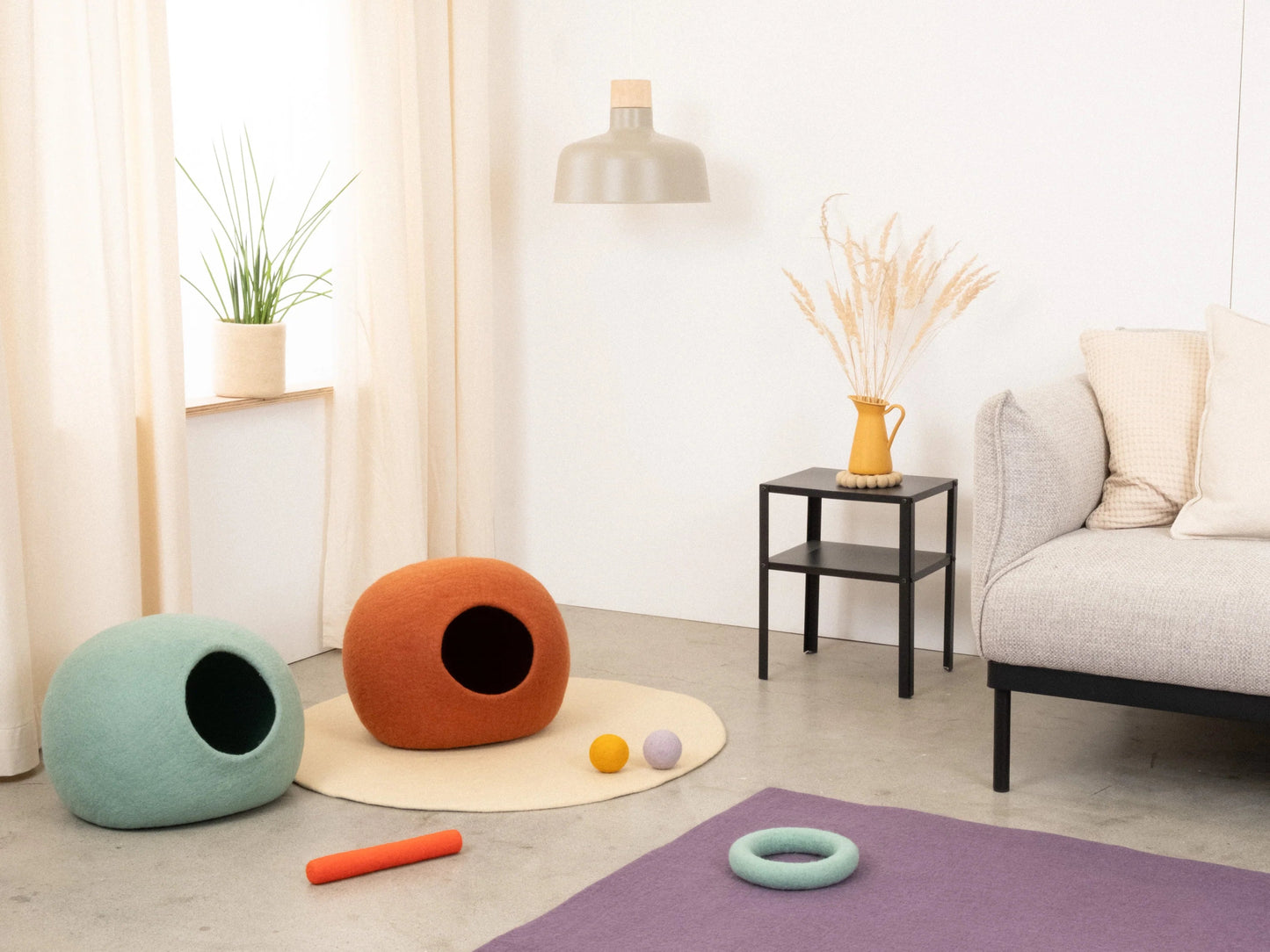 Lora | Grotte pour chat en feutre de laine naturelle - Rouille - Jean - Poil -