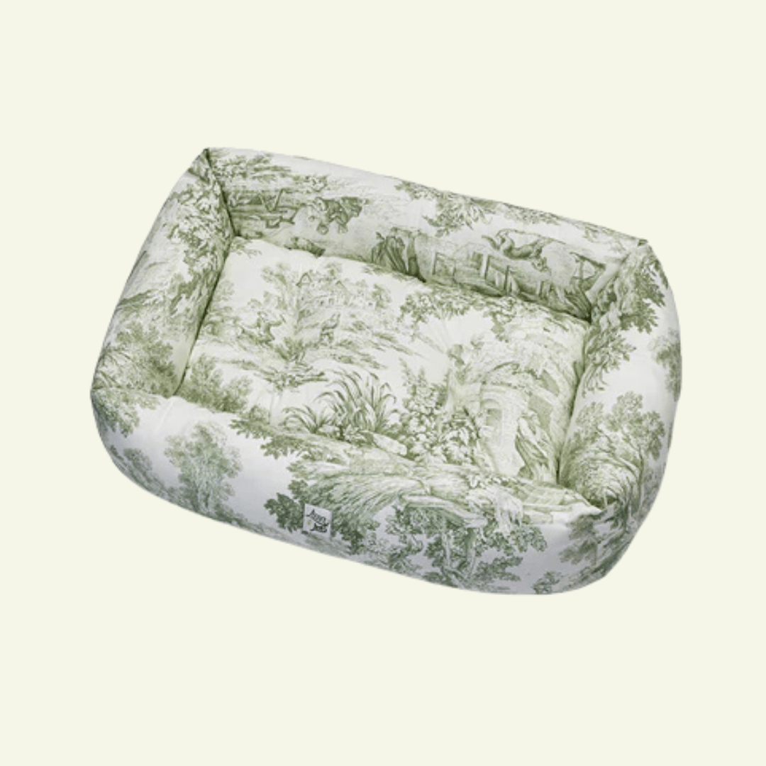 Panama | Panier en coton Toile de Jouy pour chien, déhoussable - fabrication artisanale - Jean - Poil - Vert