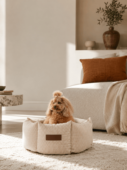Vichy Cupcake | Panier rond déhoussable pour chien vichy noir ou beige - Jean-Poil - Beige