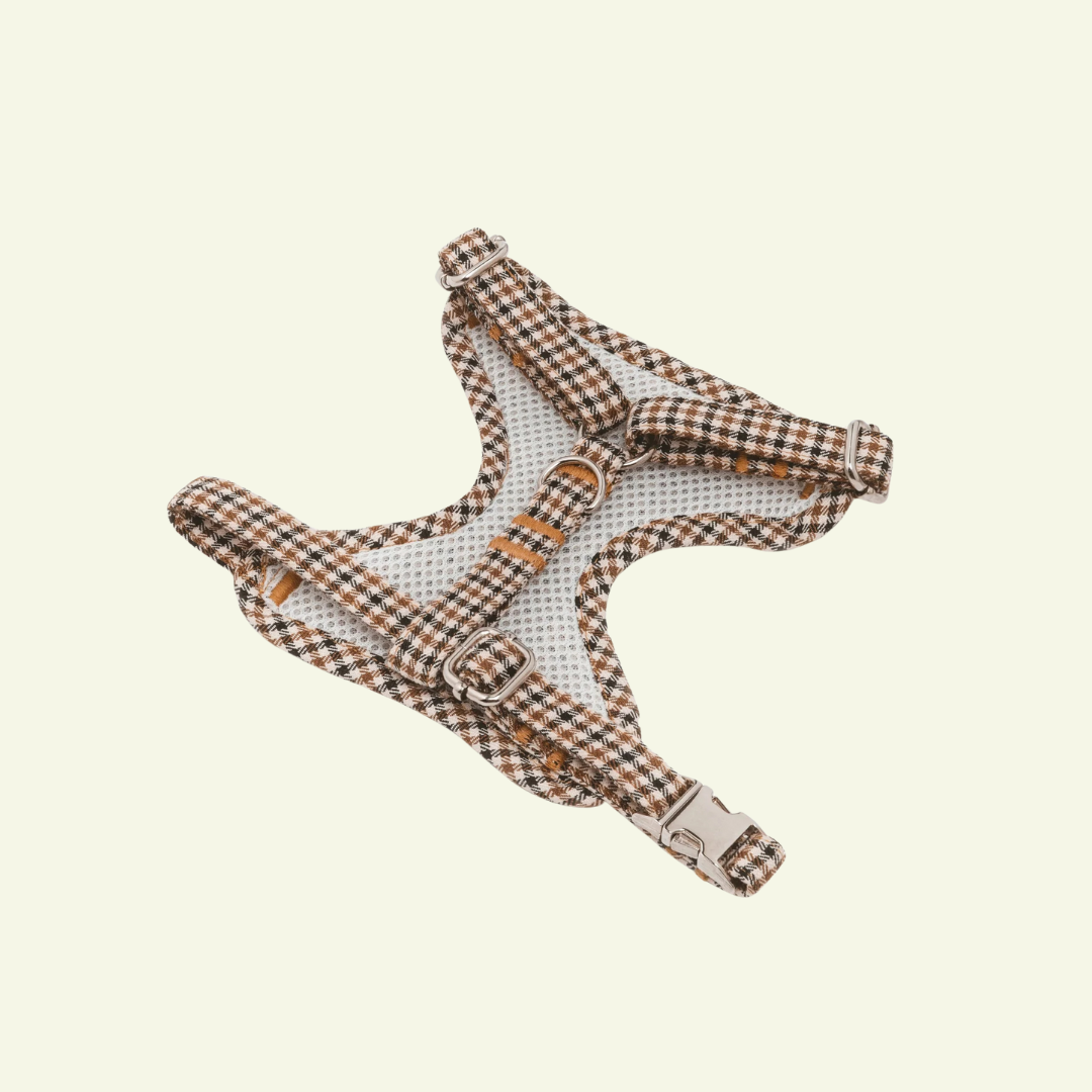 Roméo | Harnais Chest pour chien, motif pied de poule marron, fait main - Jean-Poil