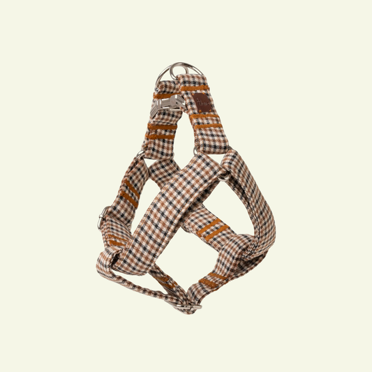 Roméo | Harnais simple motif pied de poule marron, fait main
