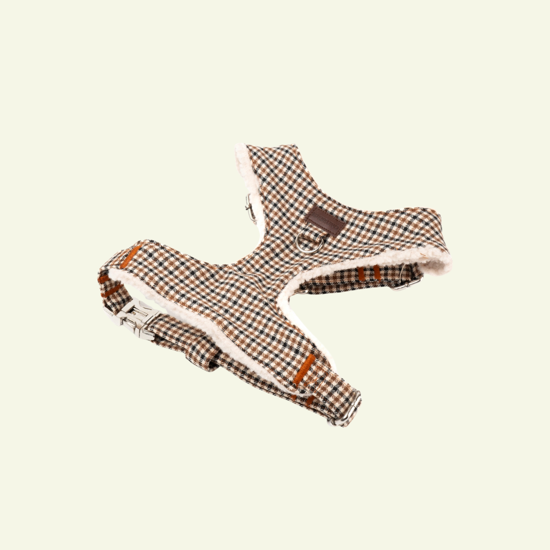 Roméo | Harnais Chest pour chien, motif pied de poule marron, fait main - Jean-Poil
