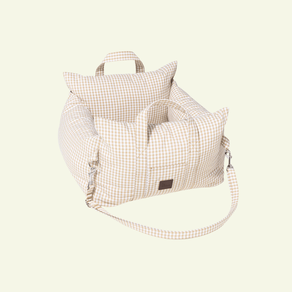 Asiento Vichy | Siège auto pour chien vichy, fait main - Jean - Poil - Beige