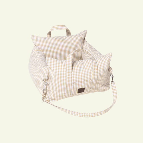 Asiento Vichy | Siège auto pour chien vichy, fait main - Jean - Poil - Beige