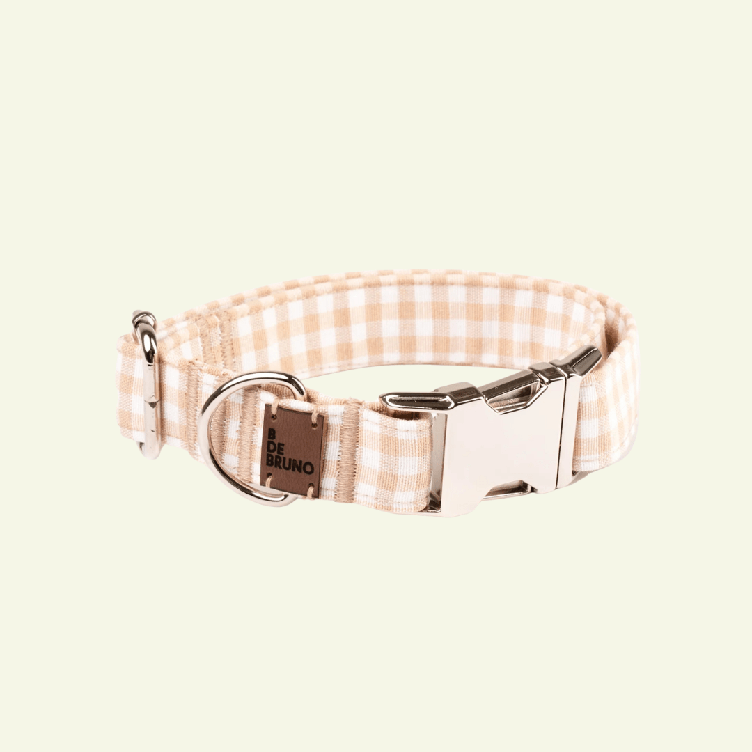 Basic | Collier pour chien fermoir click en tissu vichy fait main - Jean - Poil - Beige
