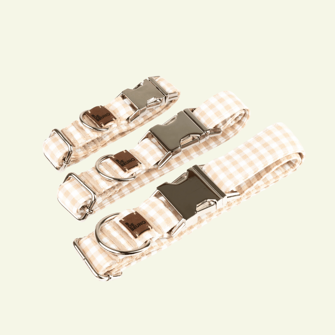 Basic | Collier pour chien fermoir click en tissu vichy fait main - Jean - Poil - Beige