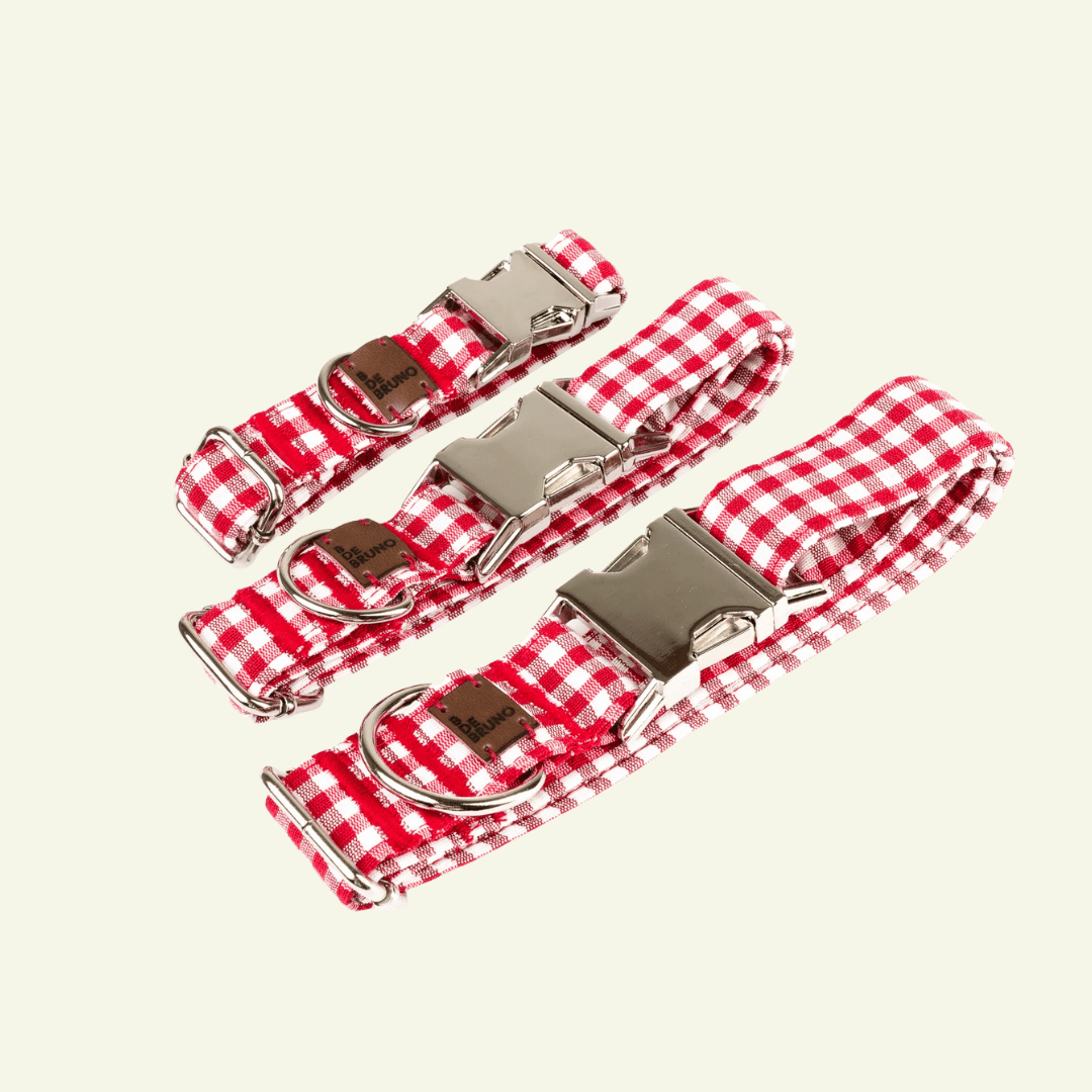 Basic | Collier pour chien fermoir click en tissu vichy fait main - Jean - Poil - Beige