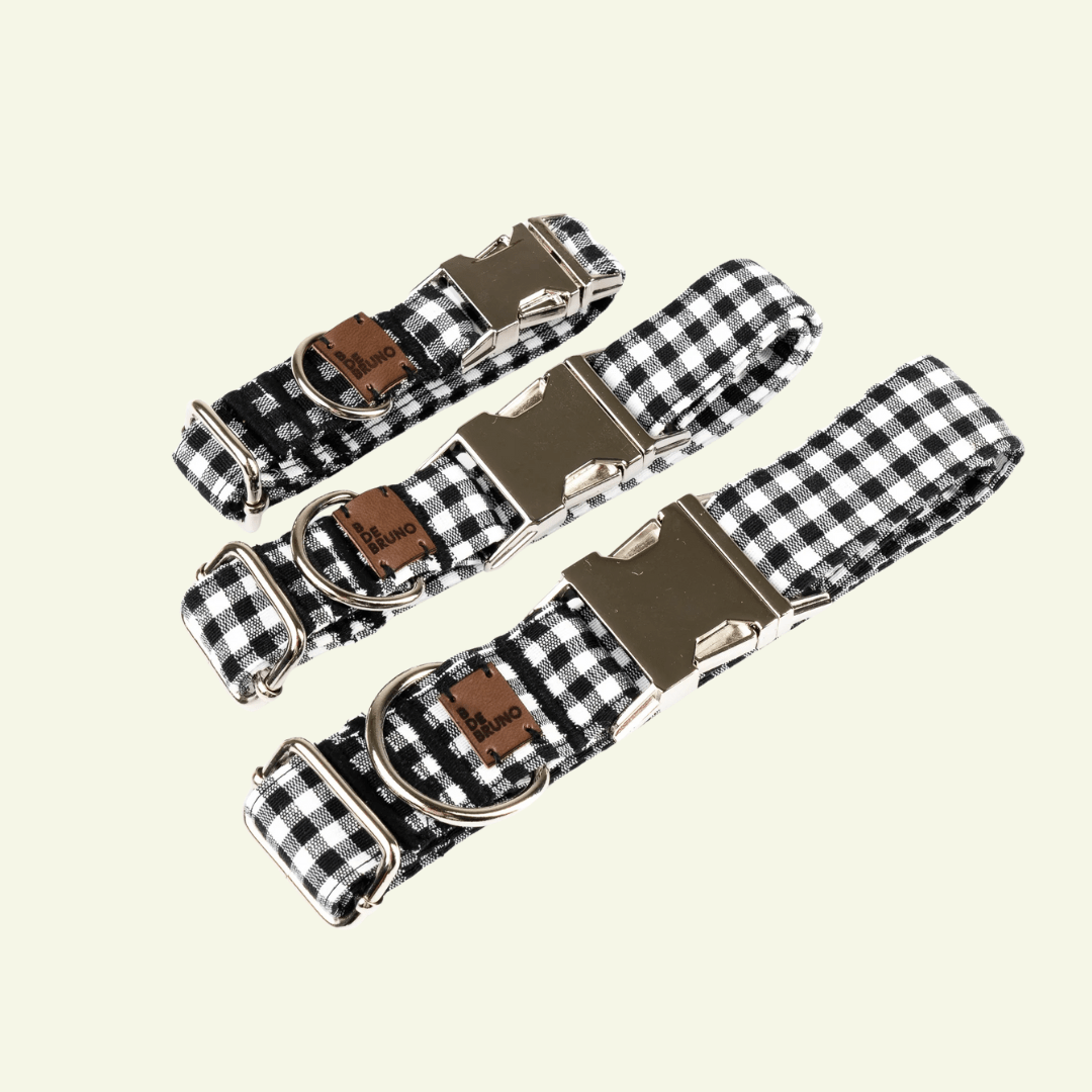 Basic | Collier pour chien fermoir click en tissu vichy fait main - Jean - Poil - Beige