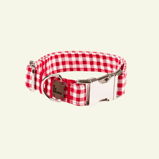 Basic | Collier pour chien fermoir click en tissu vichy fait main - Jean - Poil - Rouge