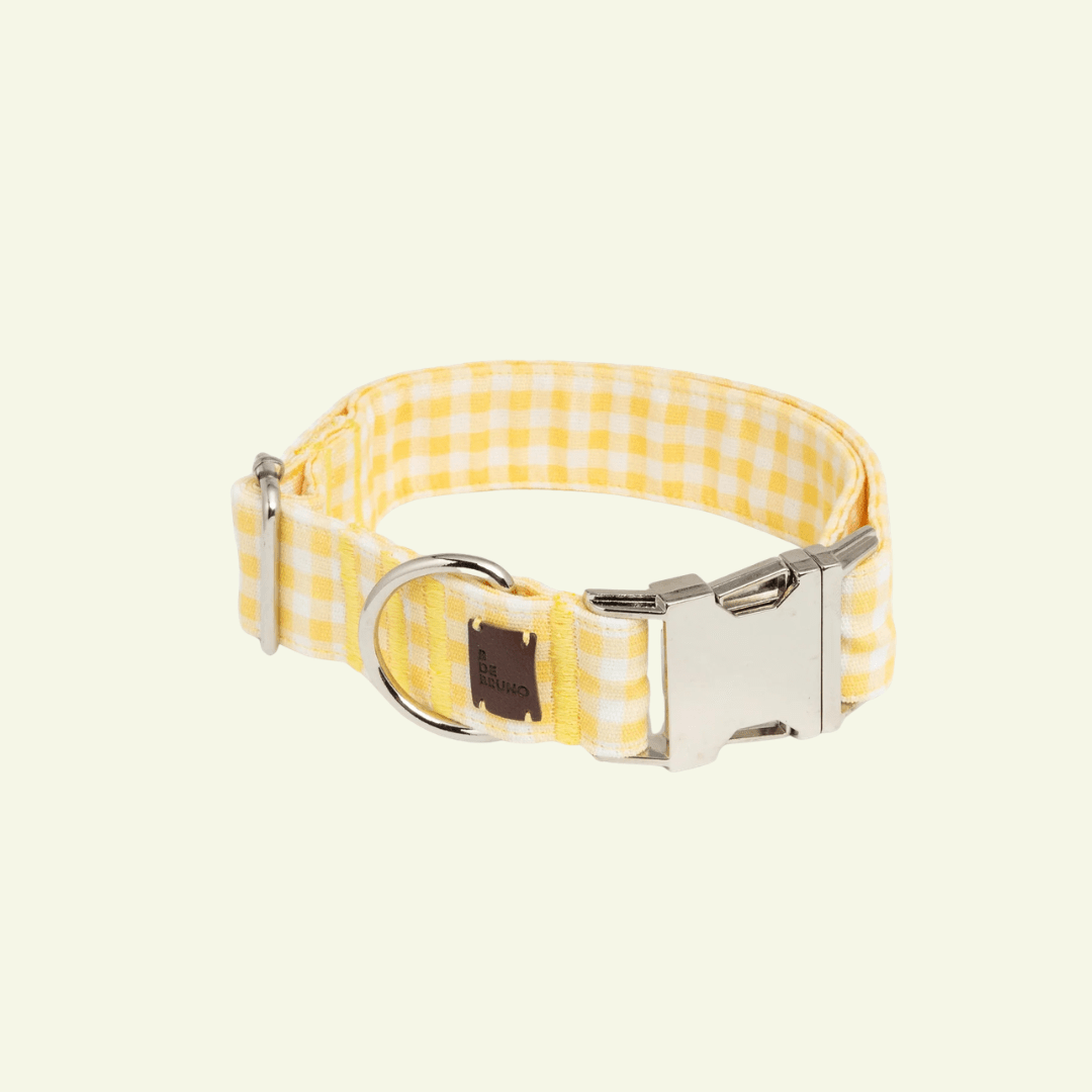 Bouton d'or | Collier pour chien à carreaux jaunes, fait main - Jean - Poil - 2XS