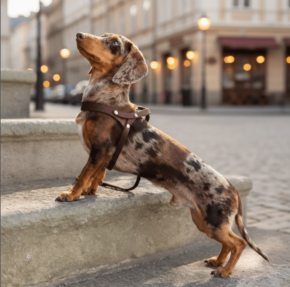Butter | Harnais ajustable pour chien en cuir & acier (11 coloris) - Jean - Poil - Cognac