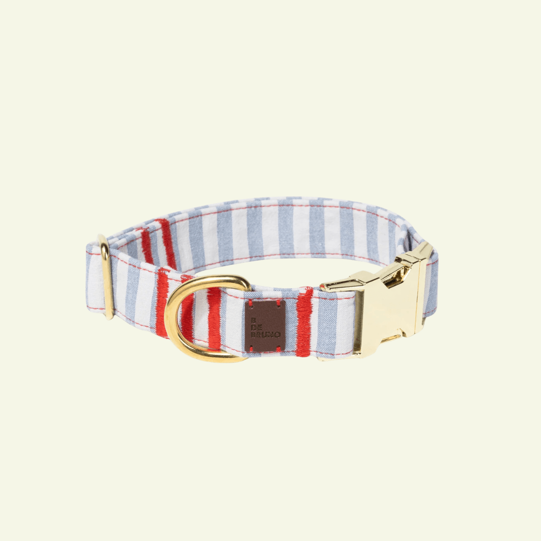 Cascais | Collier pour chien à rayures bleues et coutures rouges, fait main - Jean-Poil - 2XS