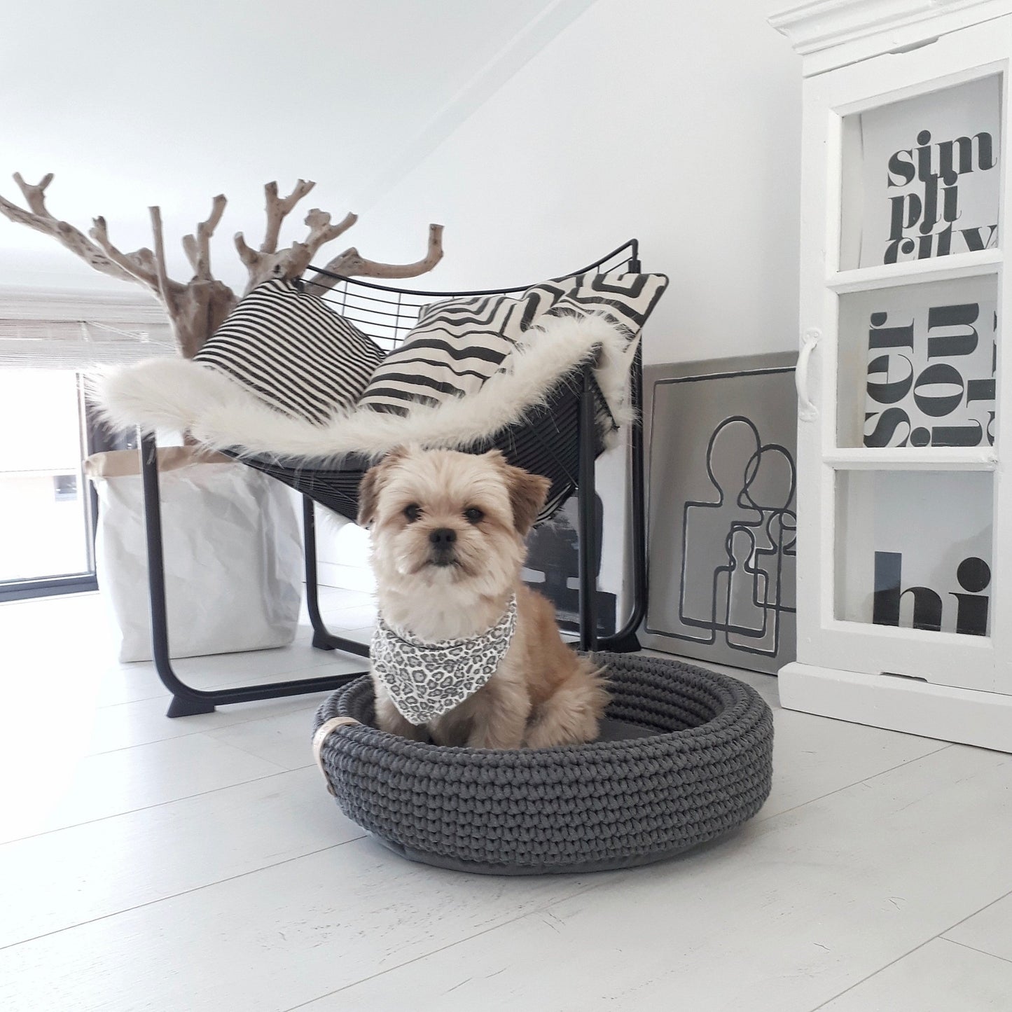 Coco | Panier design pour chien en corde de coton tressée - Jean - Poil - Beige