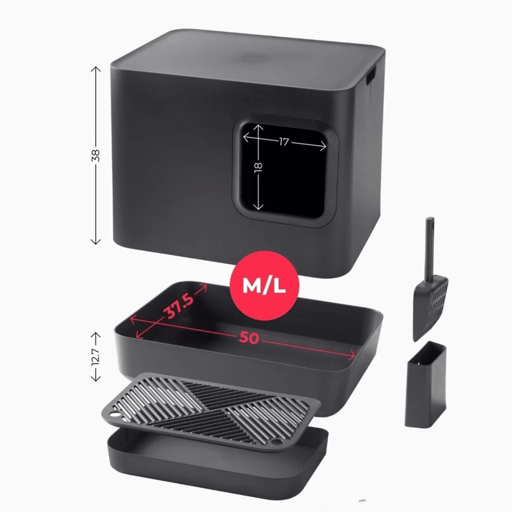 Dome plus | Bac à litière noir design avec plateau anti - gravillons - Jean - Poil - 