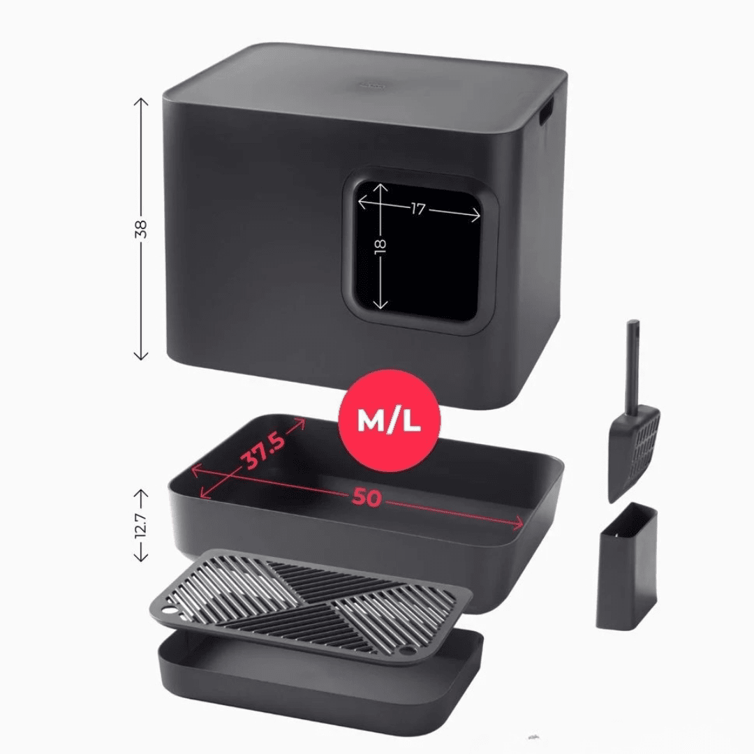 Dome plus | Bac à litière noir design avec plateau anti - gravillons - Jean - Poil - 
