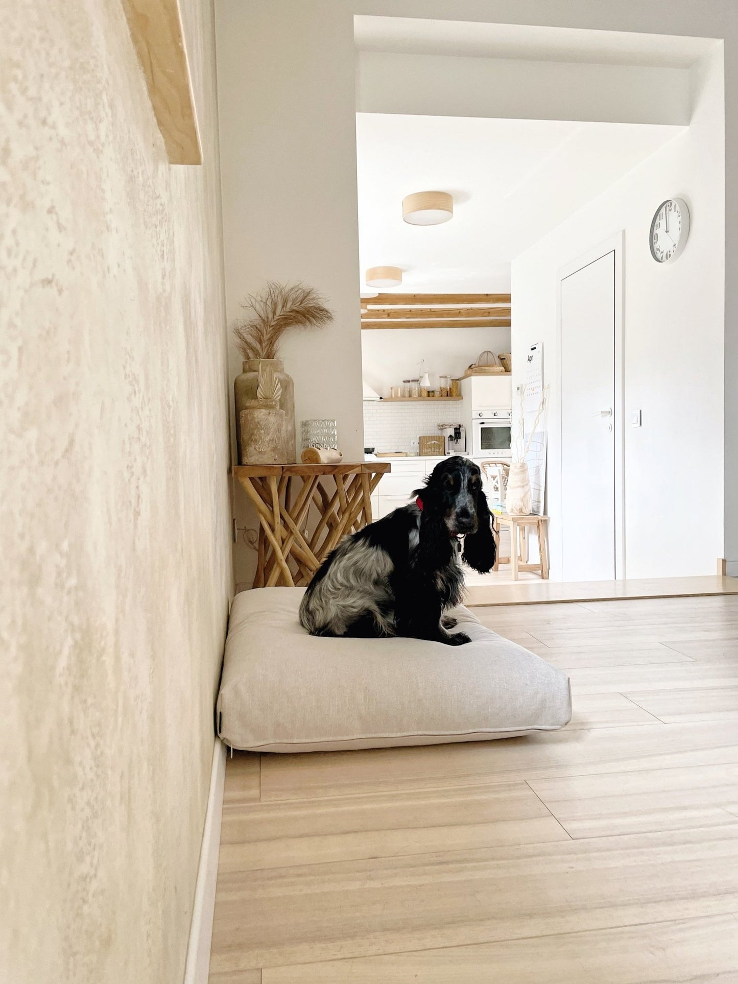 Kiima | Coussin orthopédique pour chien, housse amovible et poignée cuir - Jean - Poil - Beige