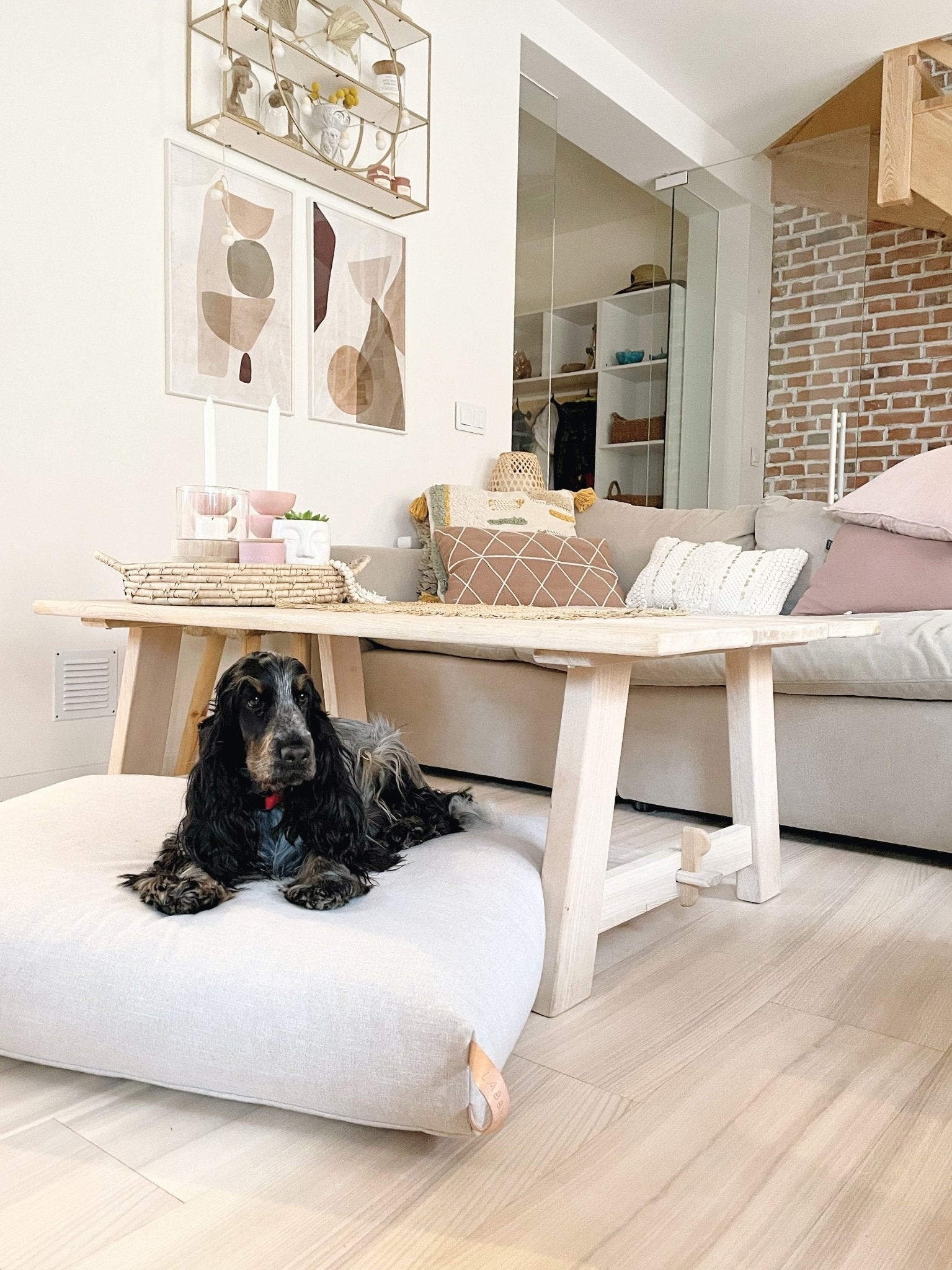 Kiima | Coussin orthopédique pour chien, housse amovible et poignée cuir - Jean - Poil - Beige