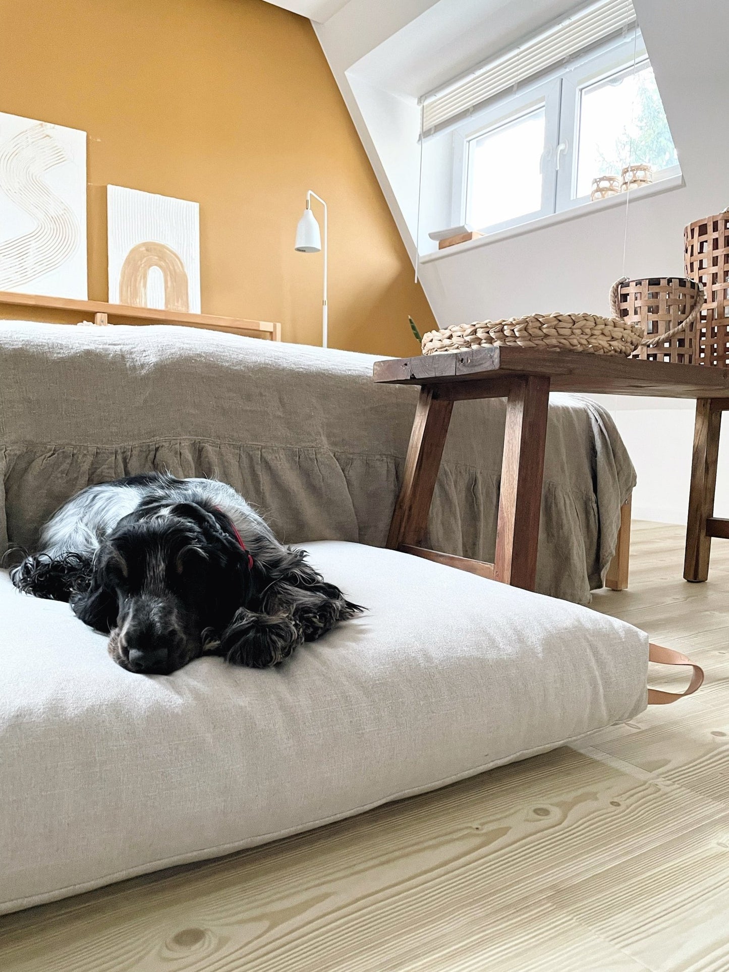 Kiima | Coussin orthopédique pour chien, housse amovible et poignée cuir - Jean - Poil - Beige