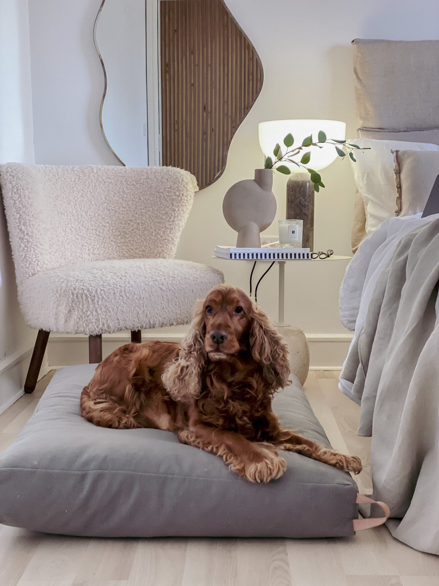 Kiima | Coussin orthopédique pour chien, housse amovible et poignée cuir - Jean - Poil - Beige