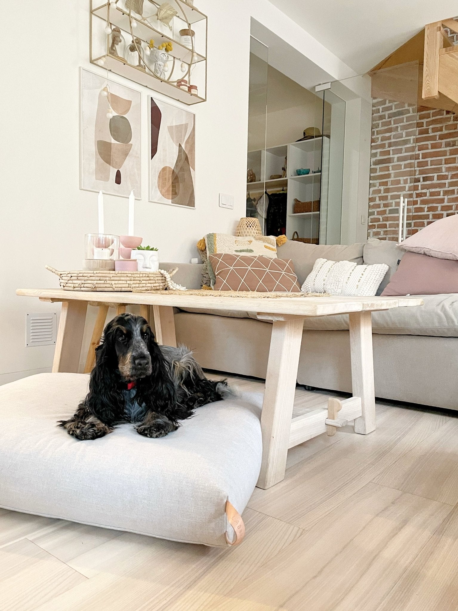 Kiima | Coussin orthopédique pour chien, housse amovible et poignée cuir - Jean - Poil - Beige