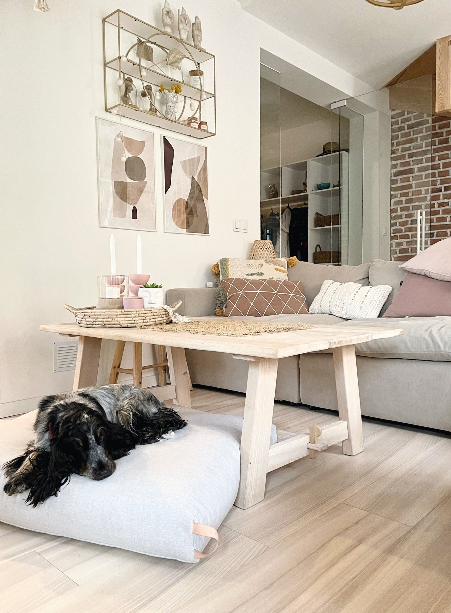 Kiima | Coussin orthopédique pour chien, housse amovible et poignée cuir - Jean - Poil - Beige