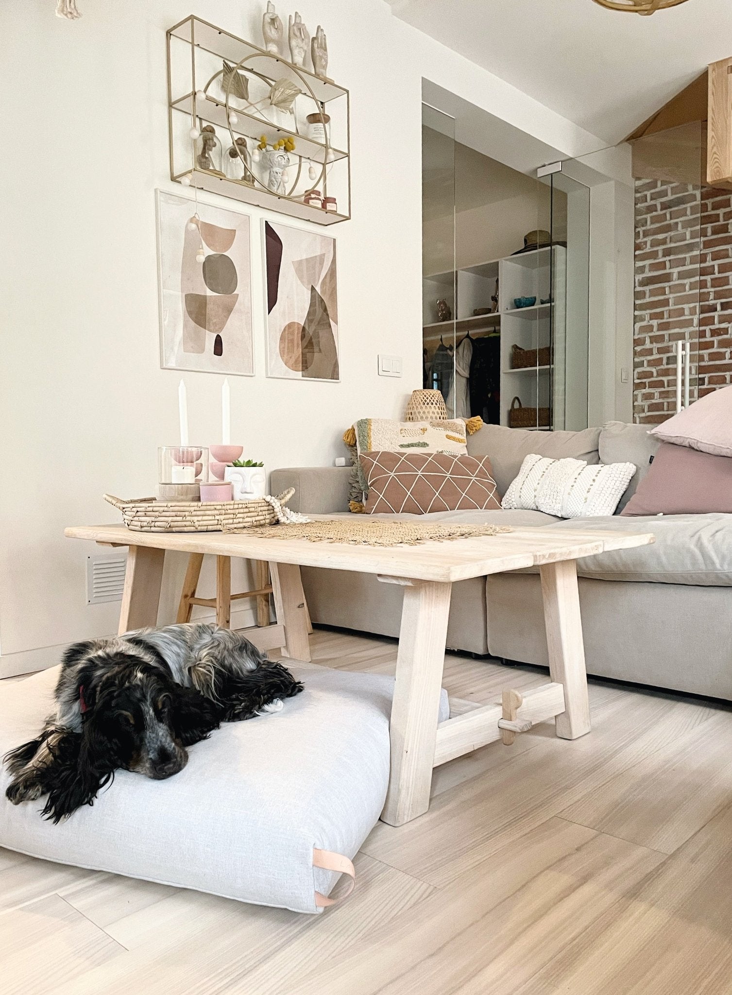 Kiima | Coussin orthopédique pour chien, housse amovible et poignée cuir - Jean - Poil - Beige