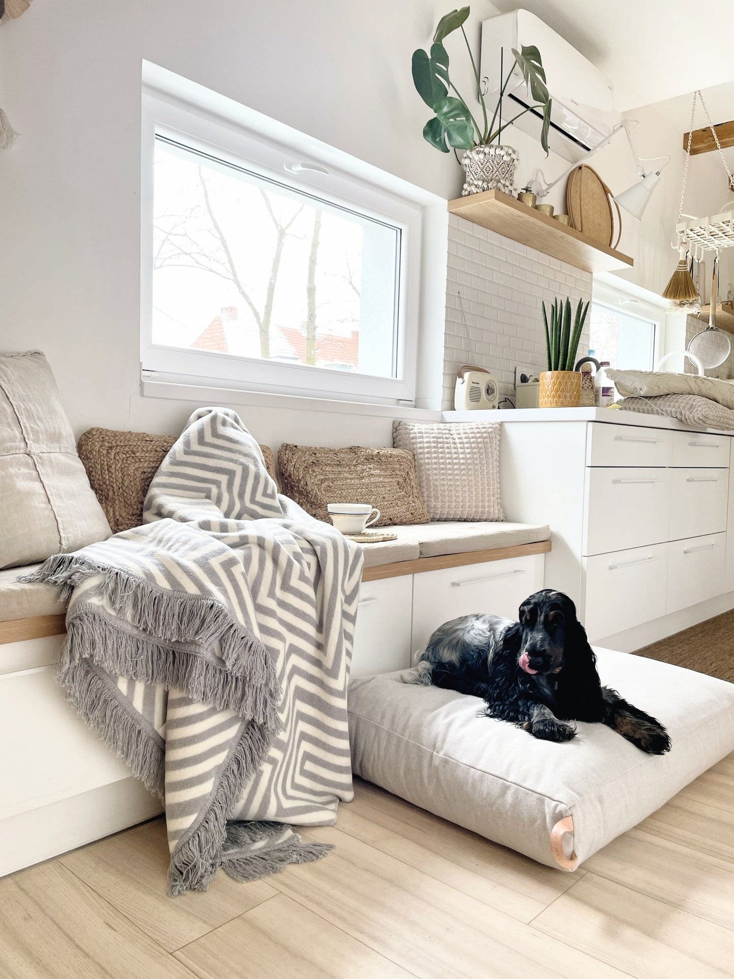 Kiima | Coussin orthopédique pour chien, housse amovible et poignée cuir - Jean - Poil - Beige