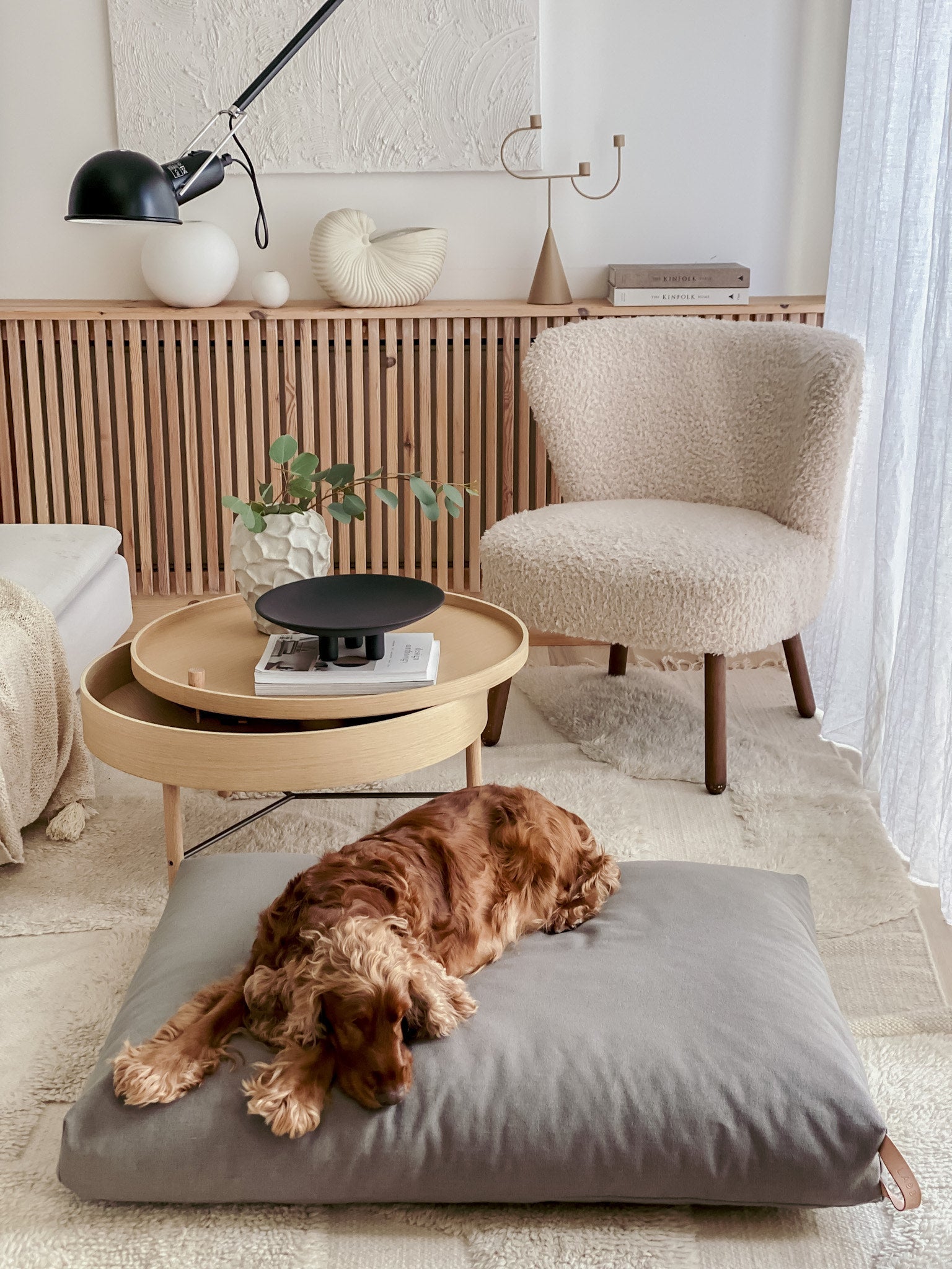 Kiima | Coussin orthopédique pour chien, housse amovible et poignée cuir - Jean - Poil - Beige