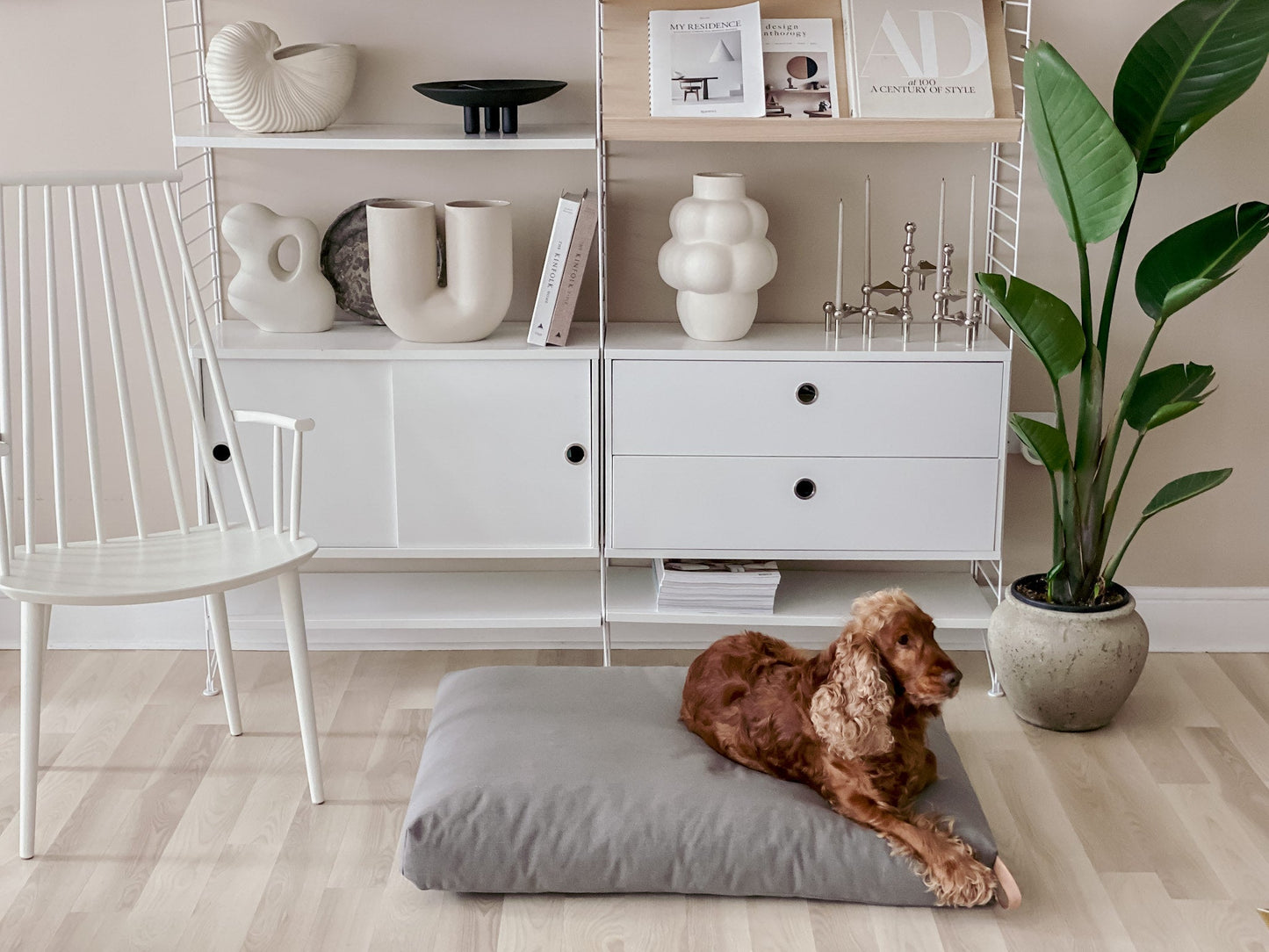 Kiima | Coussin orthopédique pour chien, housse amovible et poignée cuir - Jean - Poil - Beige