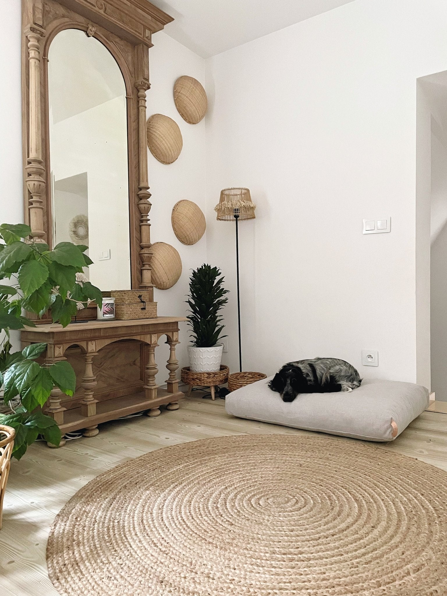 Kiima | Coussin orthopédique pour chien, housse amovible et poignée cuir - Jean - Poil - Beige