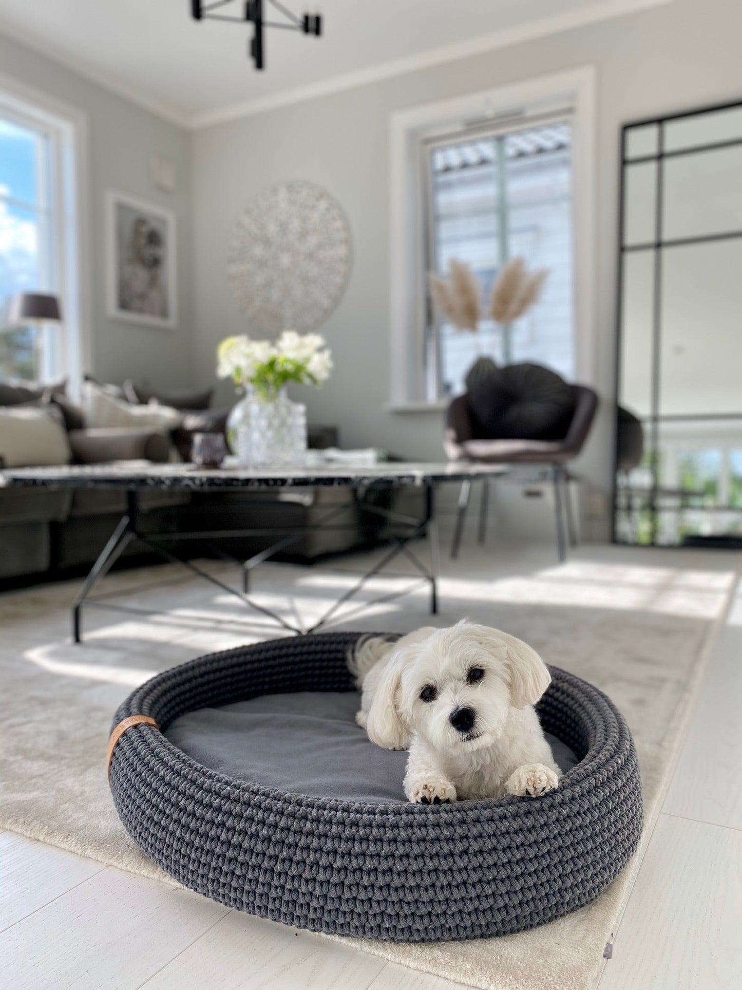 Lukko | Panier pour chien ovale en coton tressé avec coussin amovible - Jean - Poil - Gris clair