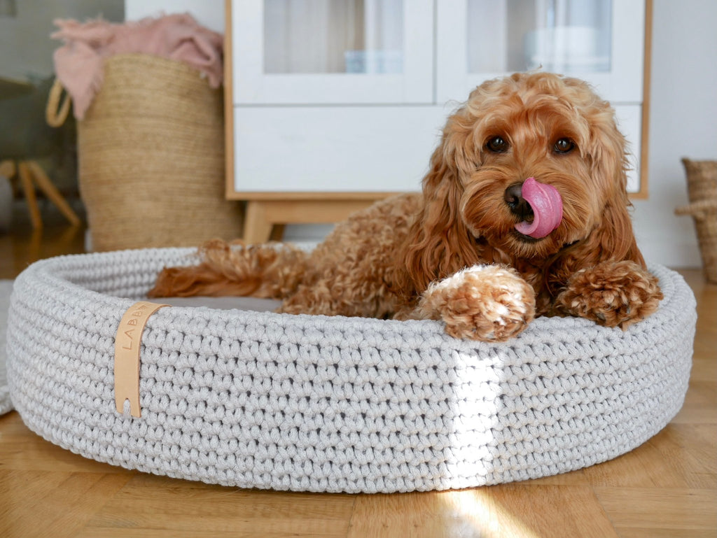 Lukko | Panier pour chien ovale en coton tressé avec coussin amovible - Jean - Poil - Gris clair