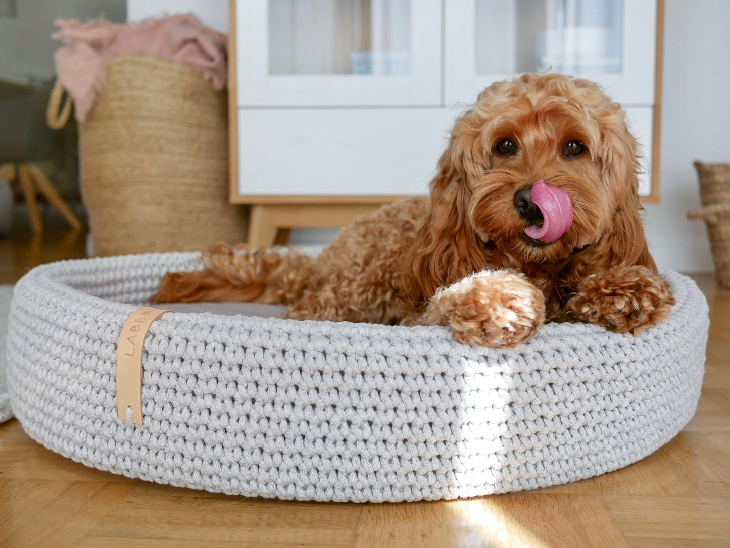 Lukko | Panier pour chien ovale en coton tressé avec coussin amovible - Jean - Poil - Gris clair