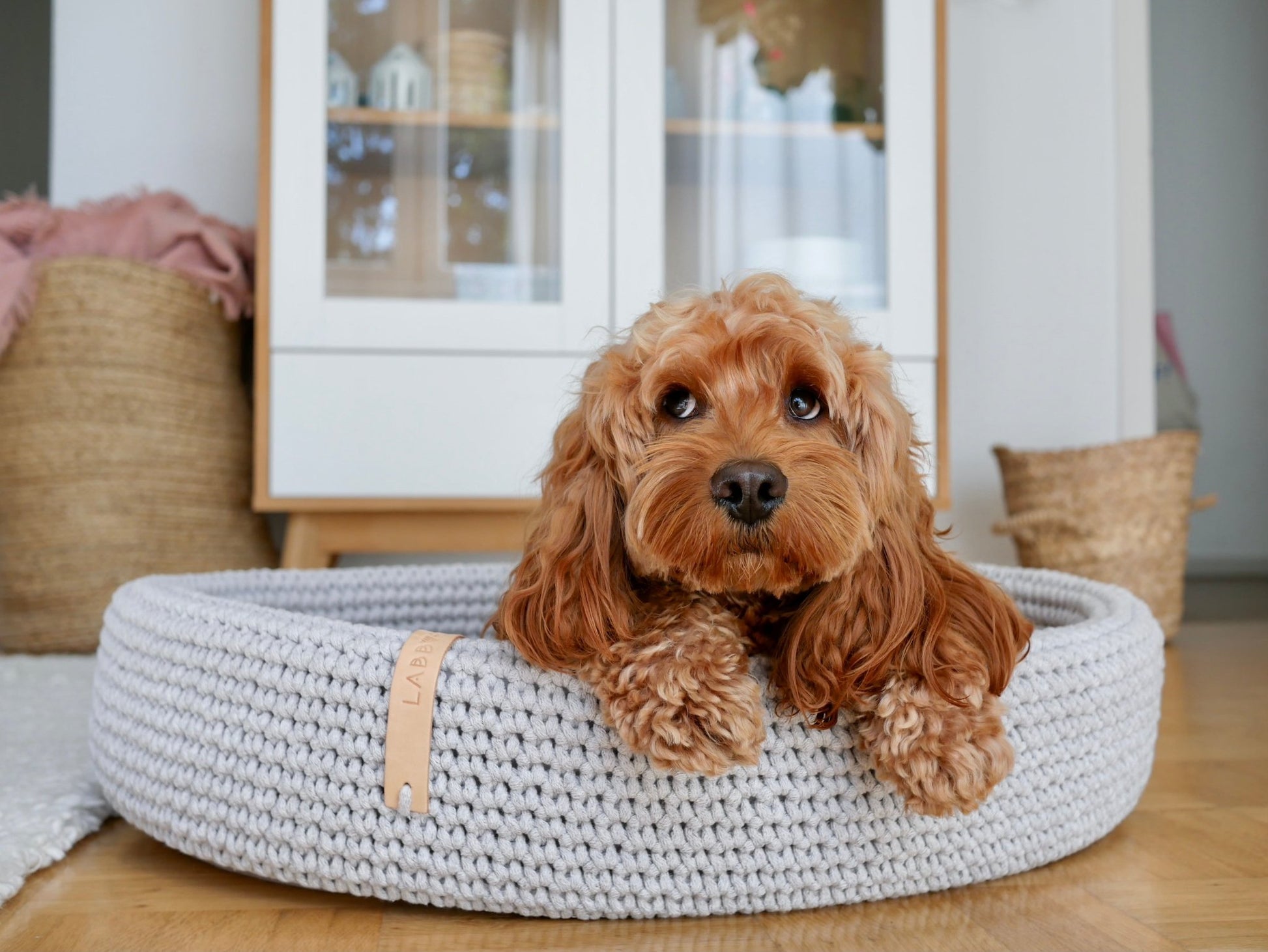 Lukko | Panier pour chien ovale en coton tressé avec coussin amovible - Jean - Poil - Gris clair