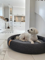 Lukko | Panier pour chien ovale en coton tressé avec coussin amovible - Jean - Poil - Gris clair