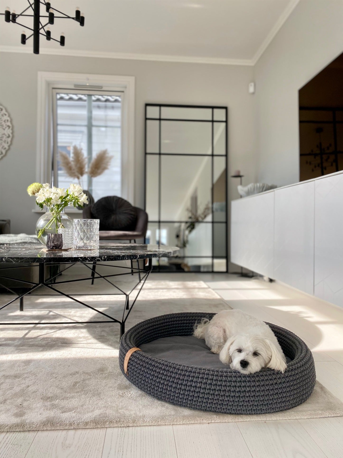 Lukko | Panier pour chien ovale en coton tressé avec coussin amovible - Jean - Poil - Gris clair