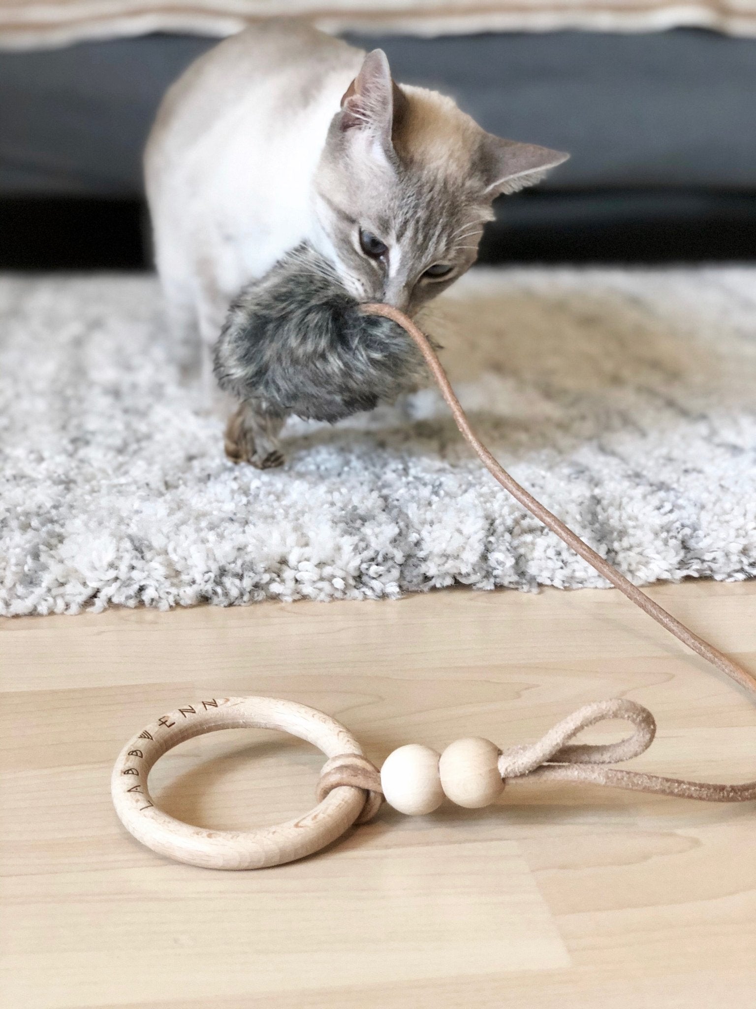 Musse | Jouet design pour chat en cuir et plumes - Jean - Poil - Marron