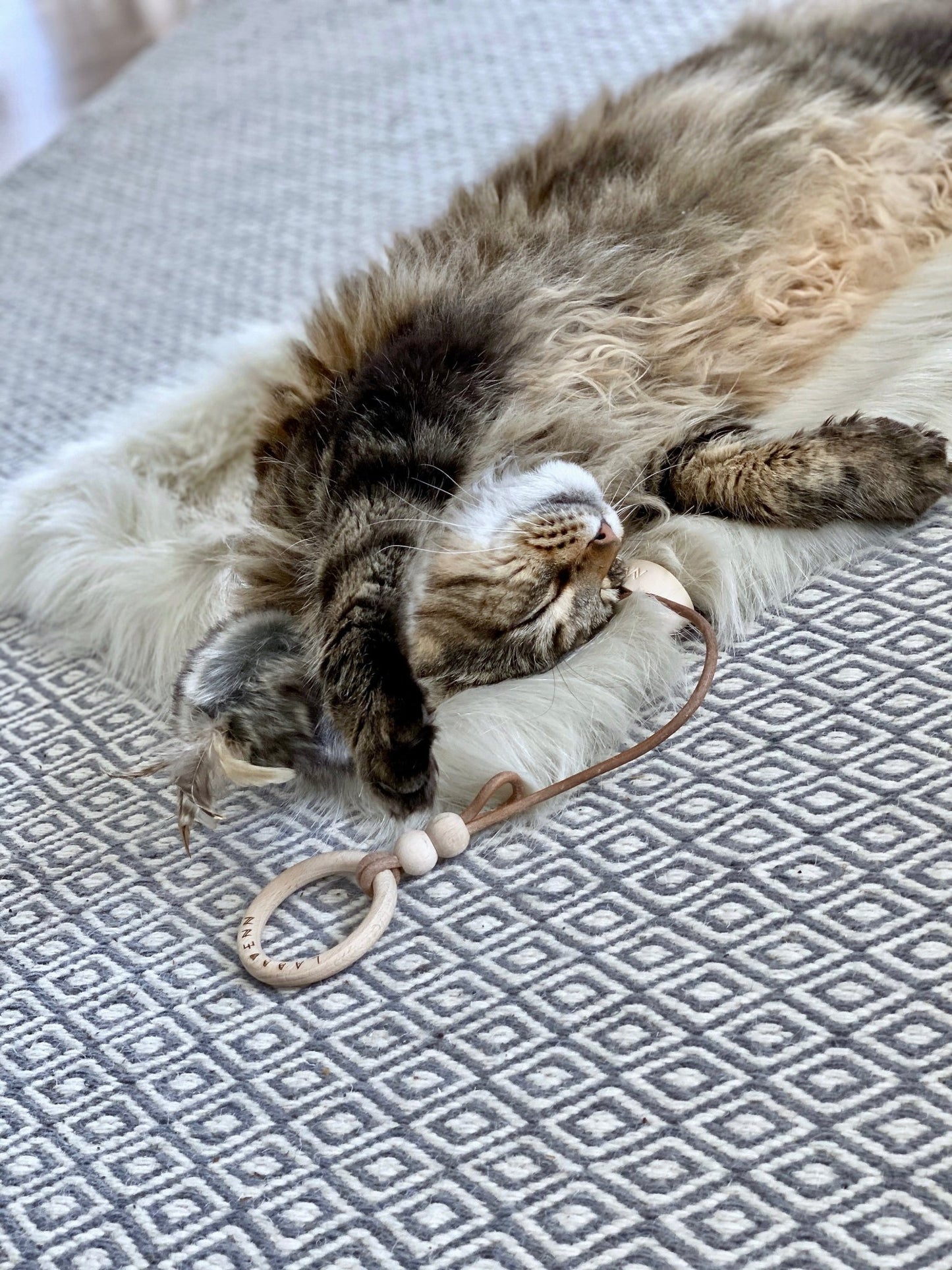 Musse | Jouet design pour chat en cuir et plumes - Jean - Poil - Marron