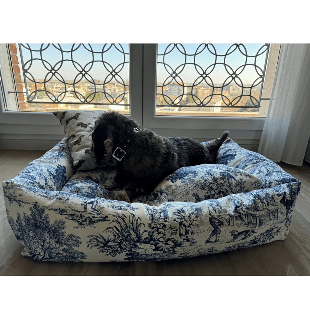 Panama | Panier en coton Toile de Jouy pour chien, déhoussable - fabrication artisanale - Jean - Poil - Bleu marine