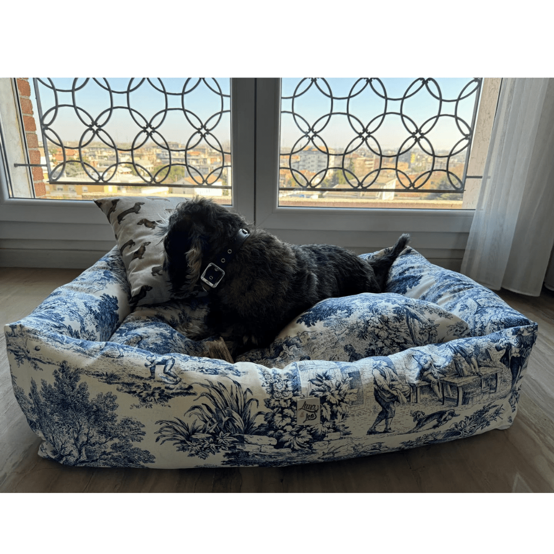 Panama | Panier en coton Toile de Jouy pour chien, déhoussable - fabrication artisanale - Jean - Poil - Bleu marine