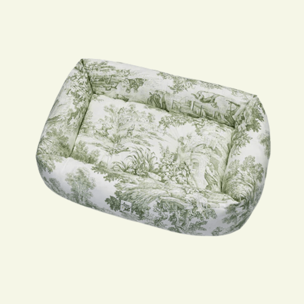Panama | Panier en coton Toile de Jouy pour chien, déhoussable - fabrication artisanale - Jean - Poil - Vert