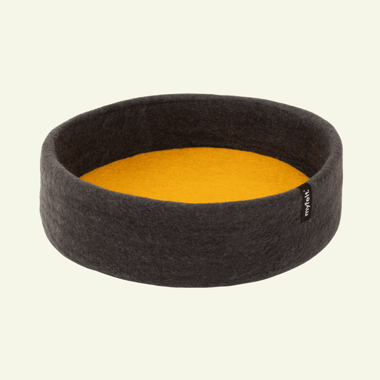 Panier pour chat en laine feutrée naturelle gris, personnalisable - Jean - Poil - Jaune
