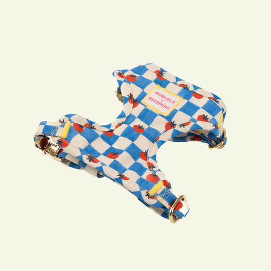 Pomodoro | Harnais de poitrine pour chat à carreaux bleus - motif tomates, fait main - Jean - Poil - XS