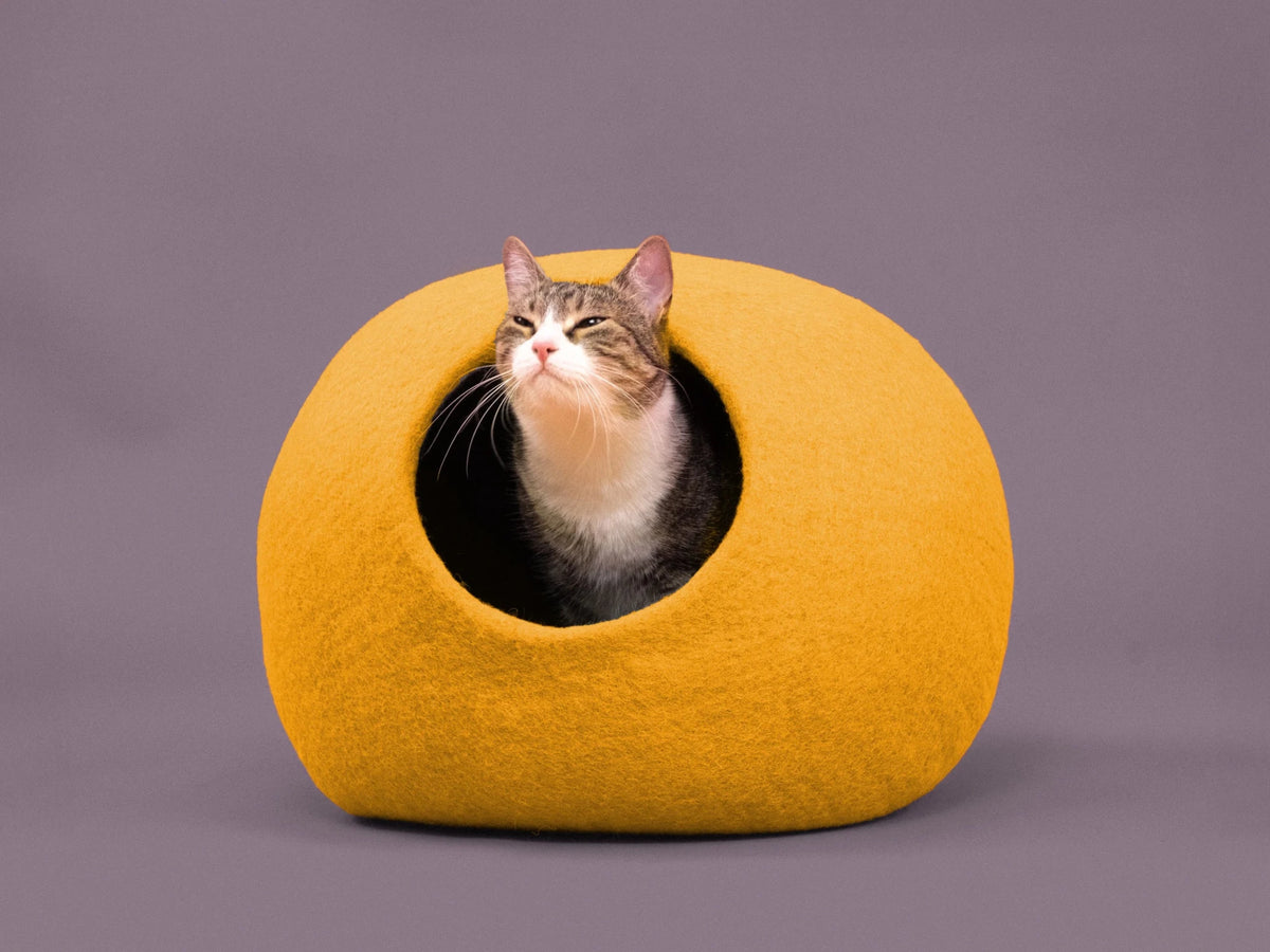 Risa | Grotte pour chat en feutre de laine naturelle- Jaune moutarde - Jean-Poil -