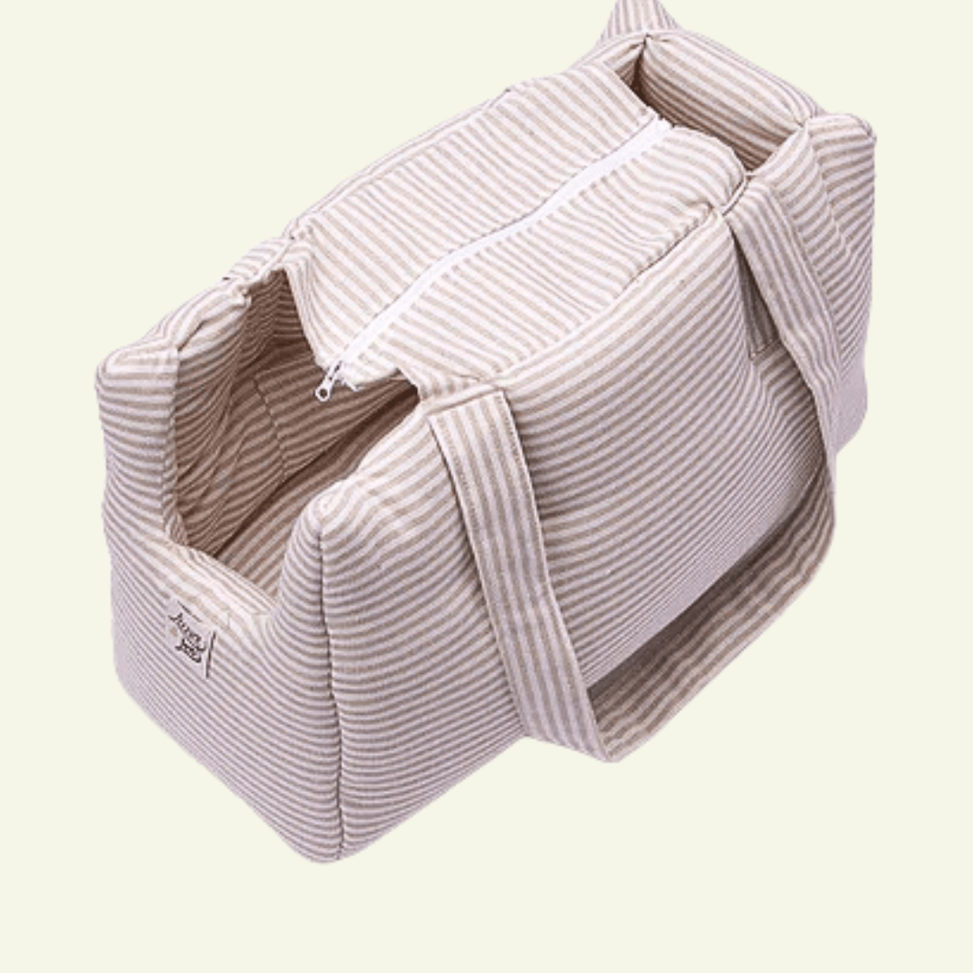 Striscia | Sac de transport en tissus doux, motif fines rayures - fabrication artisanale - Jean - Poil - Beige