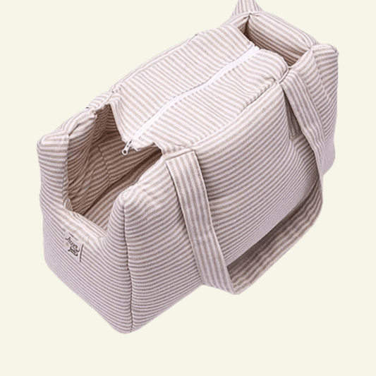 Striscia | Sac de transport en tissus doux, motif fines rayures - fabrication artisanale - Jean - Poil - Beige
