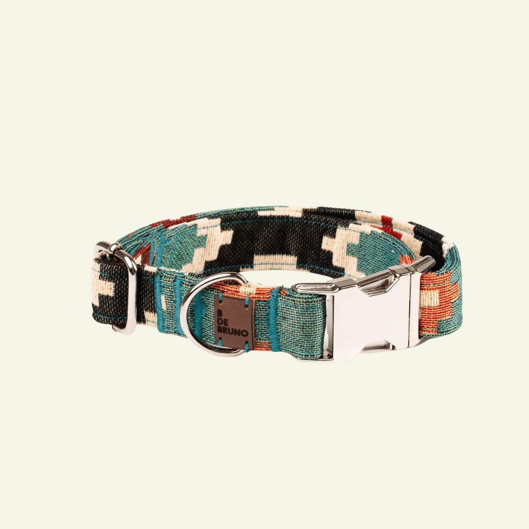 Telmo| Collier pour chien motif ethnique avec fermeture click, fait main - Jean - Poil - Vert océan