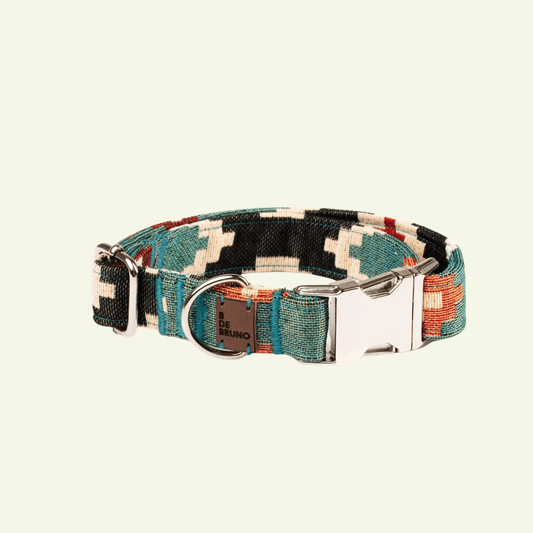 Telmo| Collier pour chien motif ethnique avec fermeture click, fait main - Jean - Poil - Vert océan