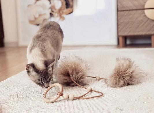 Tollo | Jouet design pour chat en cuir et boules - Jean - Poil - Gris