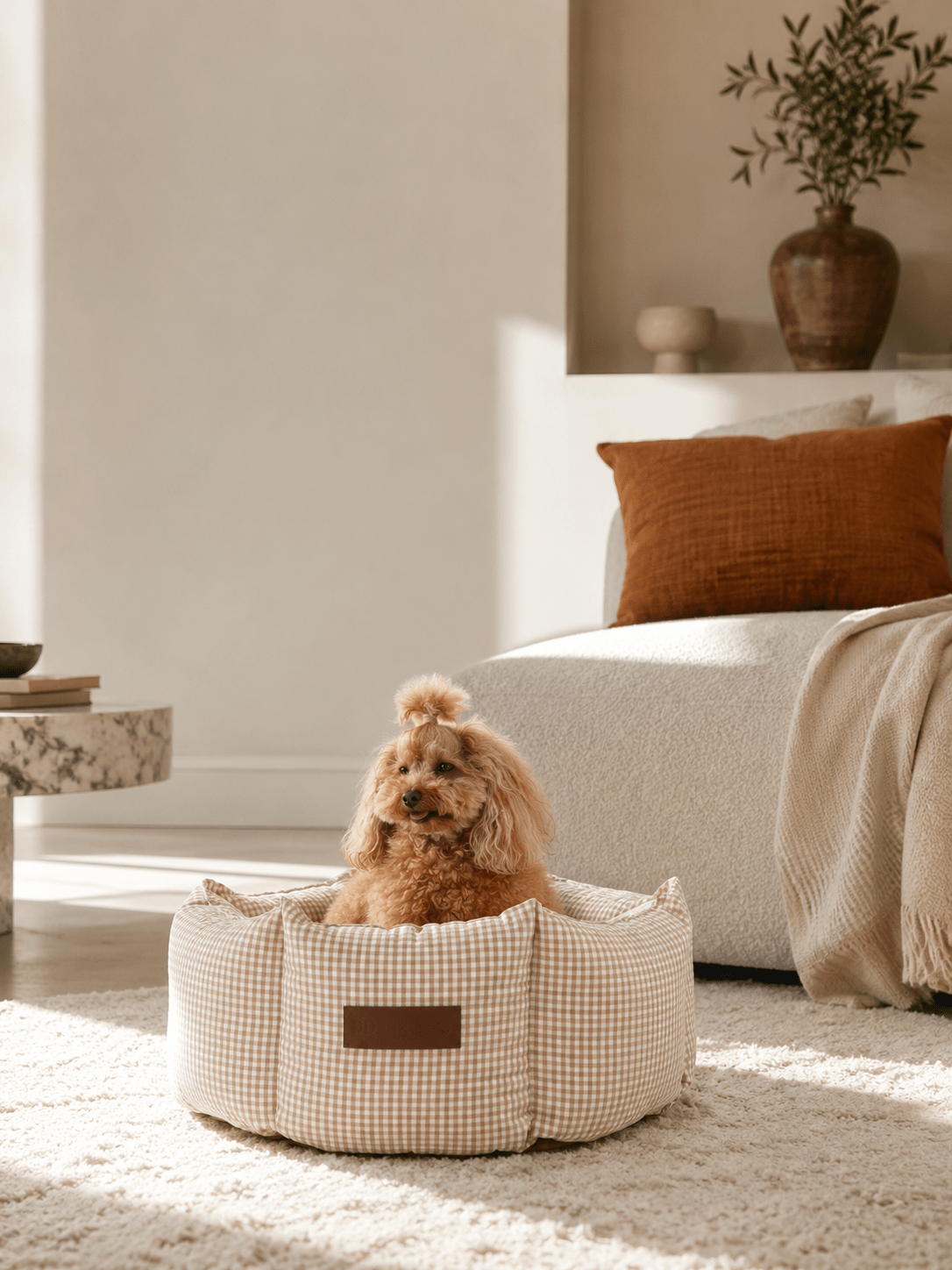 Vichy Cupcake | Panier rond déhoussable pour chien vichy noir ou beige - Jean-Poil - Beige